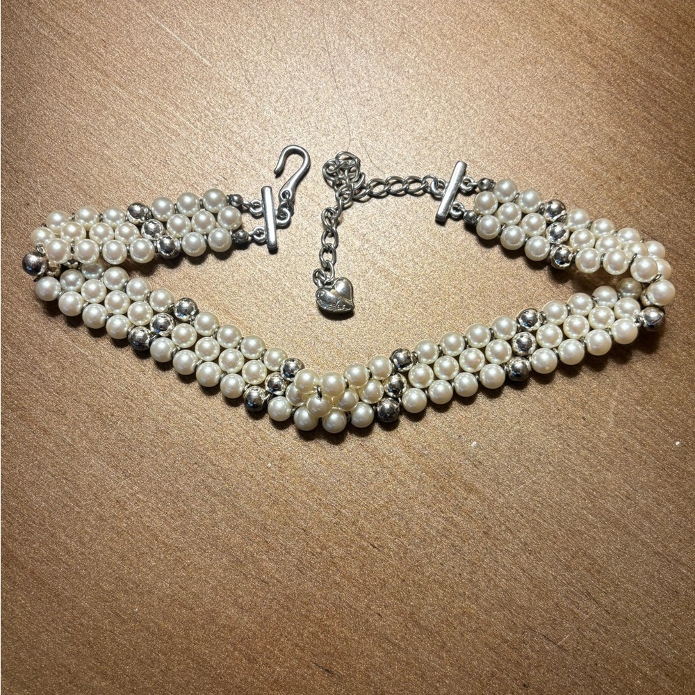 Vintage Carolee Choker Faux Pearl and Silver Triple Strand